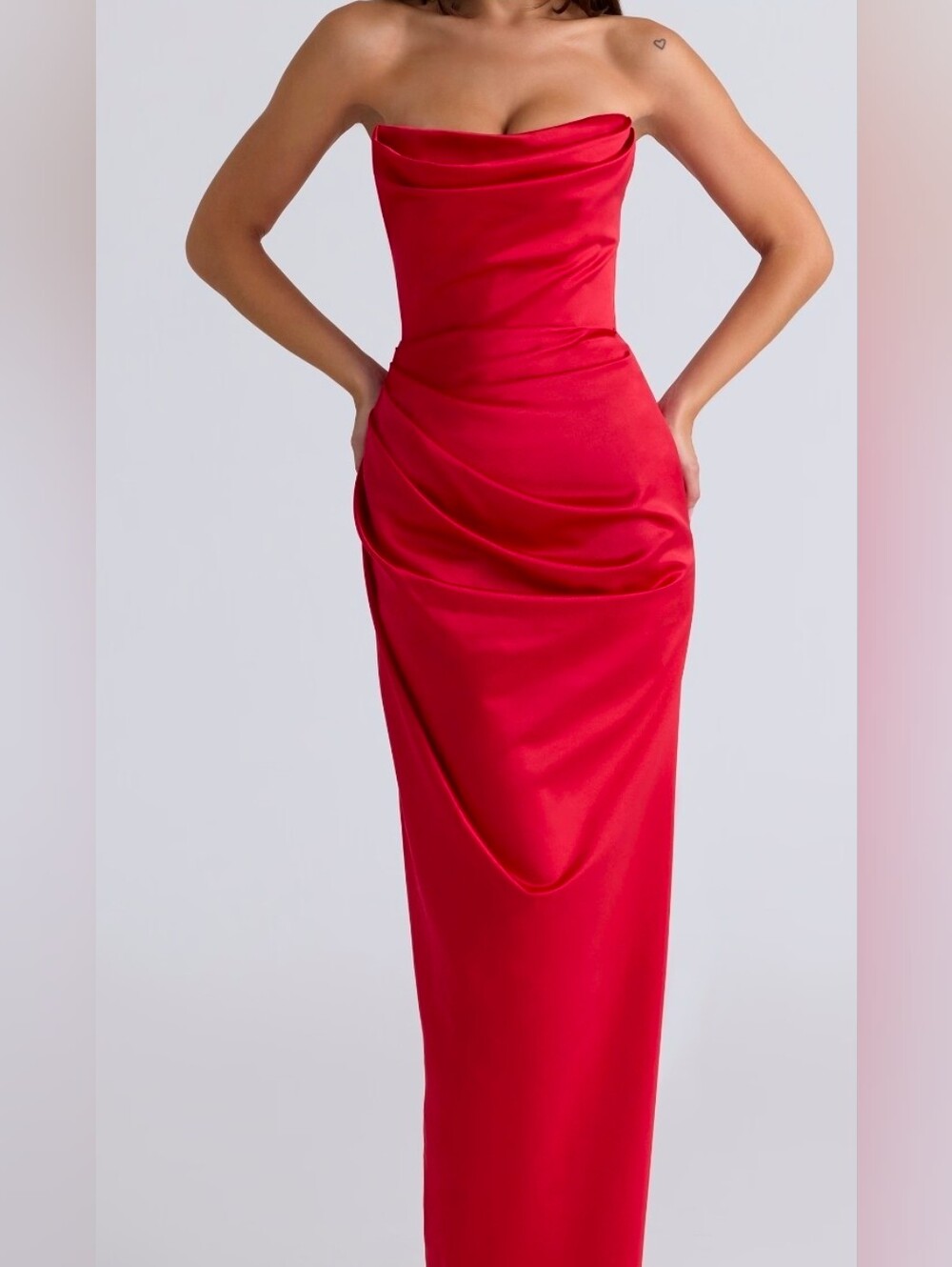 HOUSE OF CB Adrienne Satin Strapless Gown, Scarlet Red, Size M w/ Plus Cups